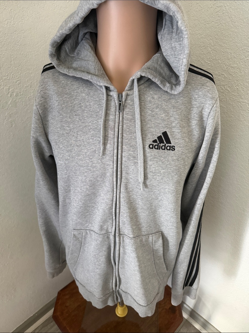 adidas Gray Full-Zip Hooded Sweatshirt with Black Stripes